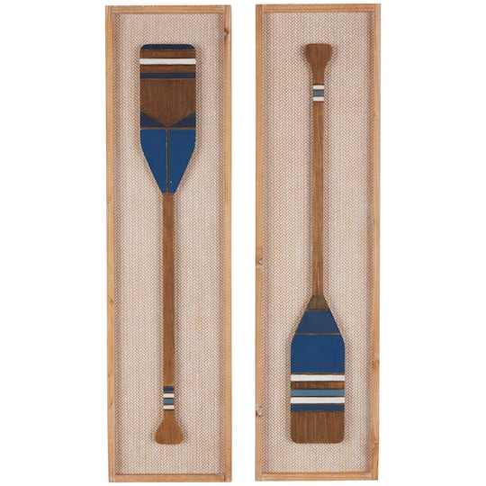Brown Wood Paddle Wall Décor with Blue Accents & Chevron Pattern Set